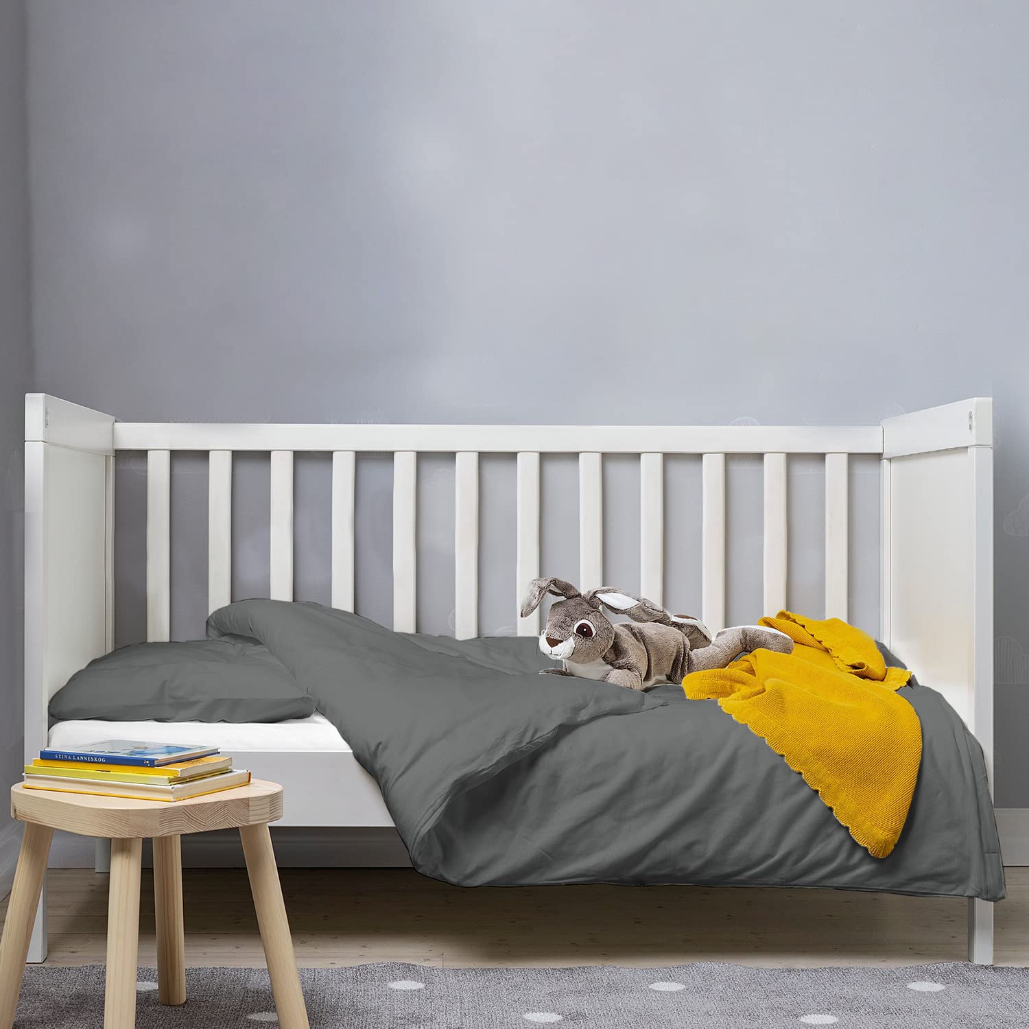 Pizuna Dark Grey 100% Cotton Crib Duvet Cover 400 Thread Count Long Staple Cotton Duvet Cover 100X135 Cm, Soft Sateen Weave Toddler Bedding Set Include 1 Duvet Cover And 1 Baby Pillow Case