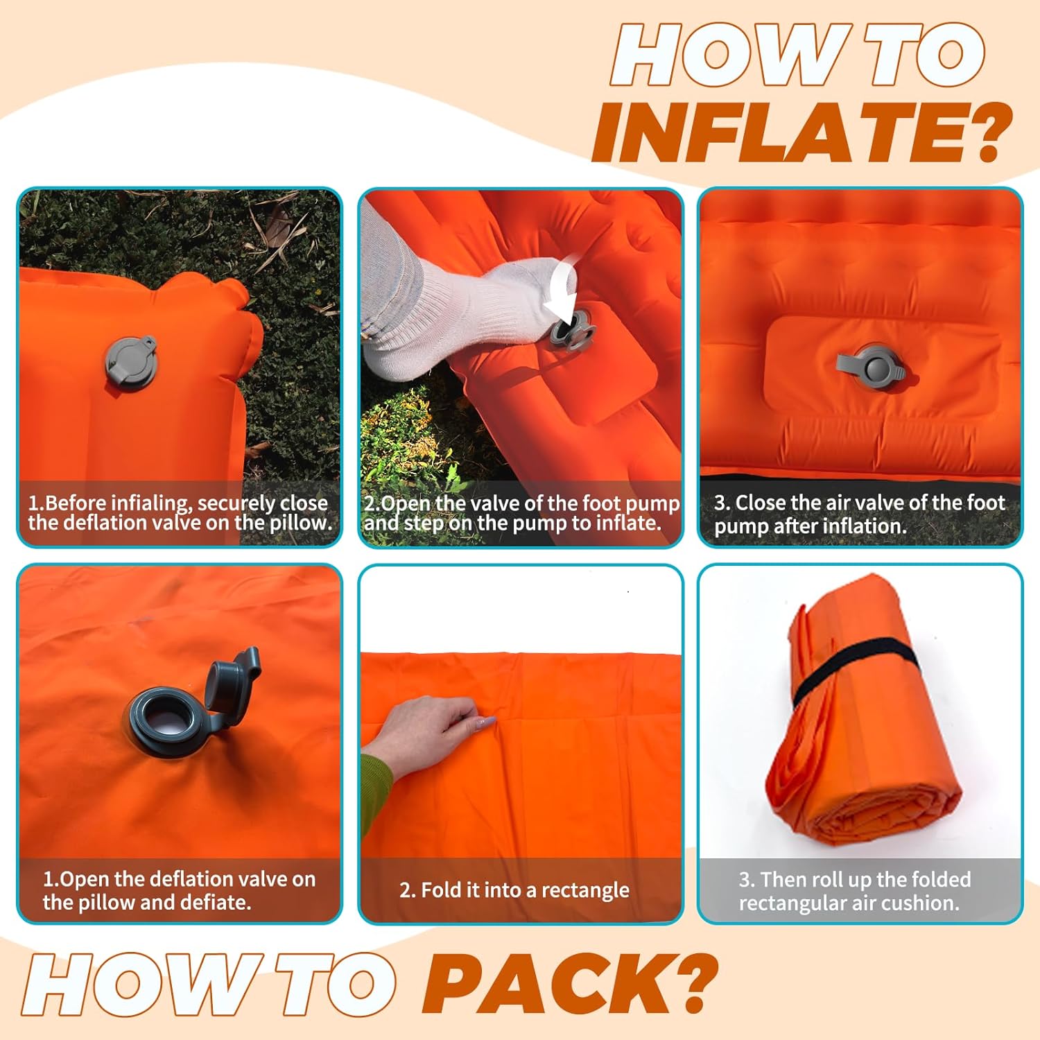 Camping Air Mattress, Self Inflating Sleeping Pad, Camping Gear, Travel Bed, Sleeping Pad, Portable Bed, Backpacking, Portable Mattress, Camping Beds for Adults, Colchon Inflable (Orange)