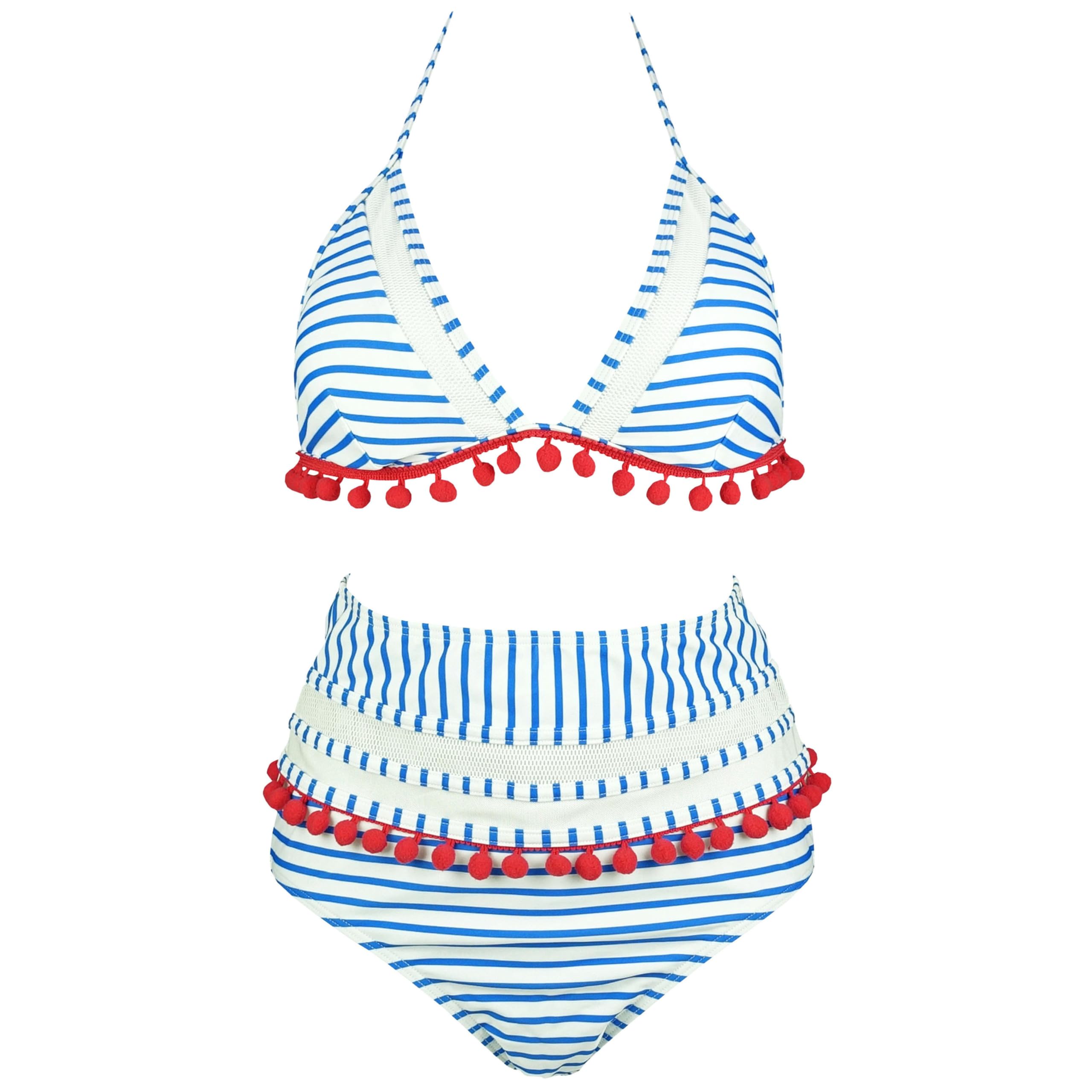 VILOREE Sexy dames bikini set badmode zwempak tweedelig badpak met pompon halter hoge taille buikcontrole, blauw gestreept, S