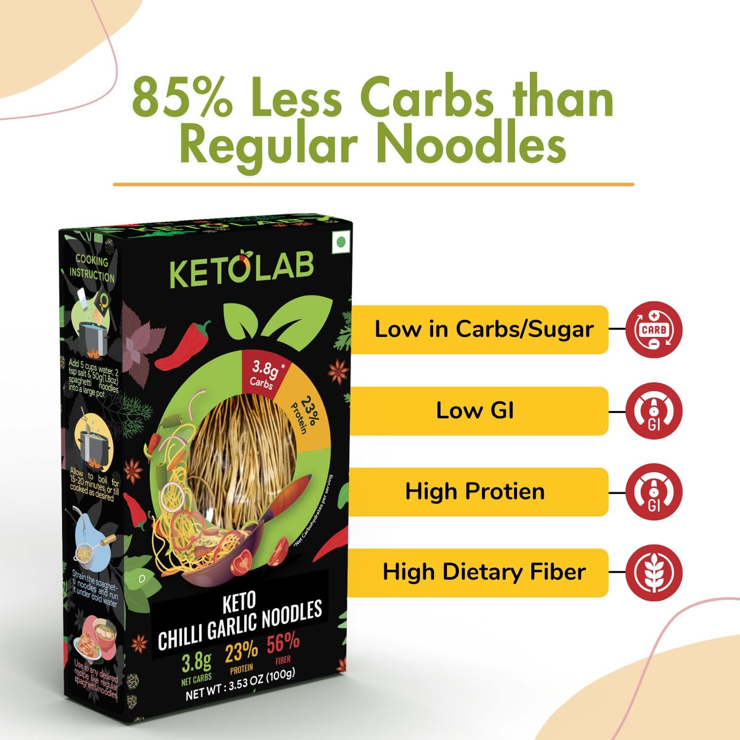 Ketolab Keto Chilli Garlic Noodles Spaghetti, 100 Gms, 1 Pack, 3.8g Net Carb & 23% High Protein/Serving, Identical to Regular Noodles, Low Carb, High Fibre, Low GI, Keto Diet, Diabetic Friendly 1