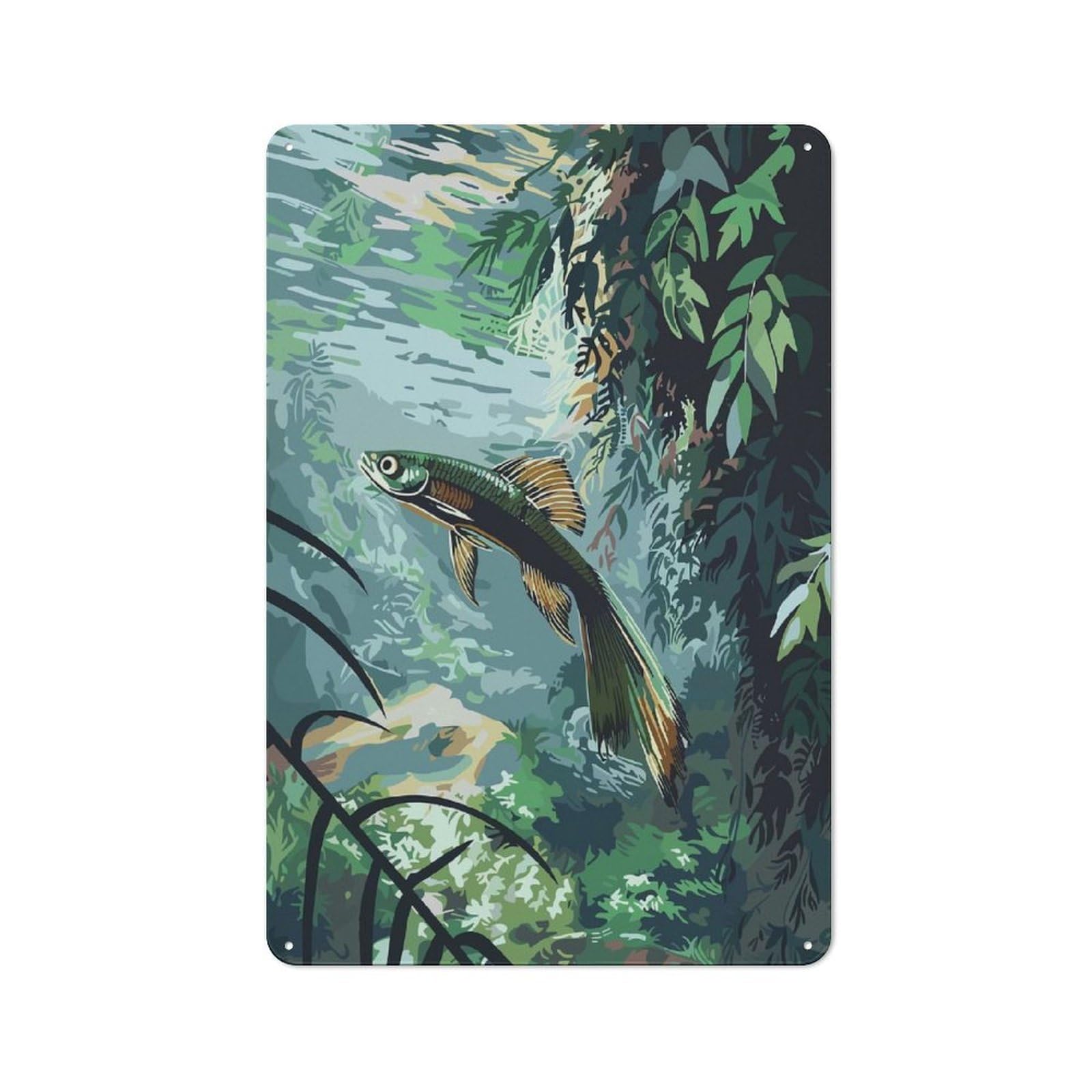 Junmoney Style-14 Tin Wall Plaque 30X20cm With Fish In Lush Greenery For Café Or Restaurant, New Home Wall Decor For Hospitality Interior Collectors