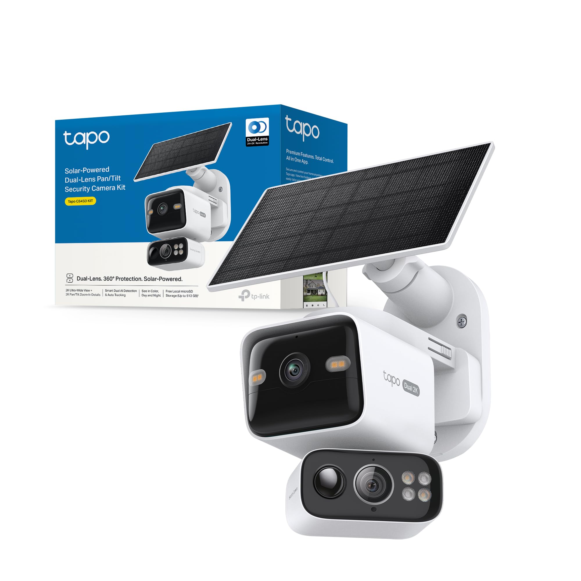 Tapo C645D Kit - Cámara Vigilancia Exterior 360º Doble Lente 2K Panel Solar | Detección de Movimiento, Personas y Mascotas. Con Panel Solar y Batería de 10000mAh. Alarma Luz y Sonido. App Tapo.