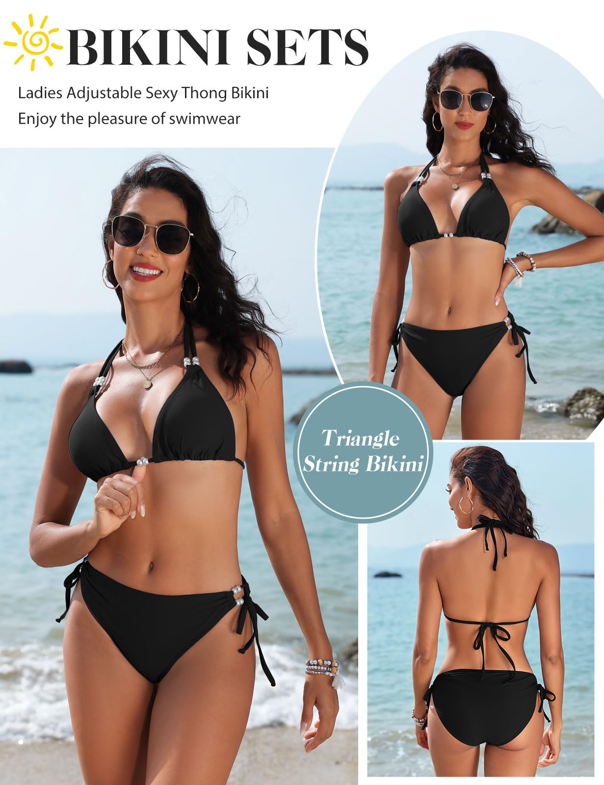 CMTOP Bikini Mujer Conjunto de Bikini Halter Triángulo Bikini Top y Braga de Bikini con Ajustable Cordón de Cintura Alta Sólido Traje de Baño 2 Piezas Sexy de Playa