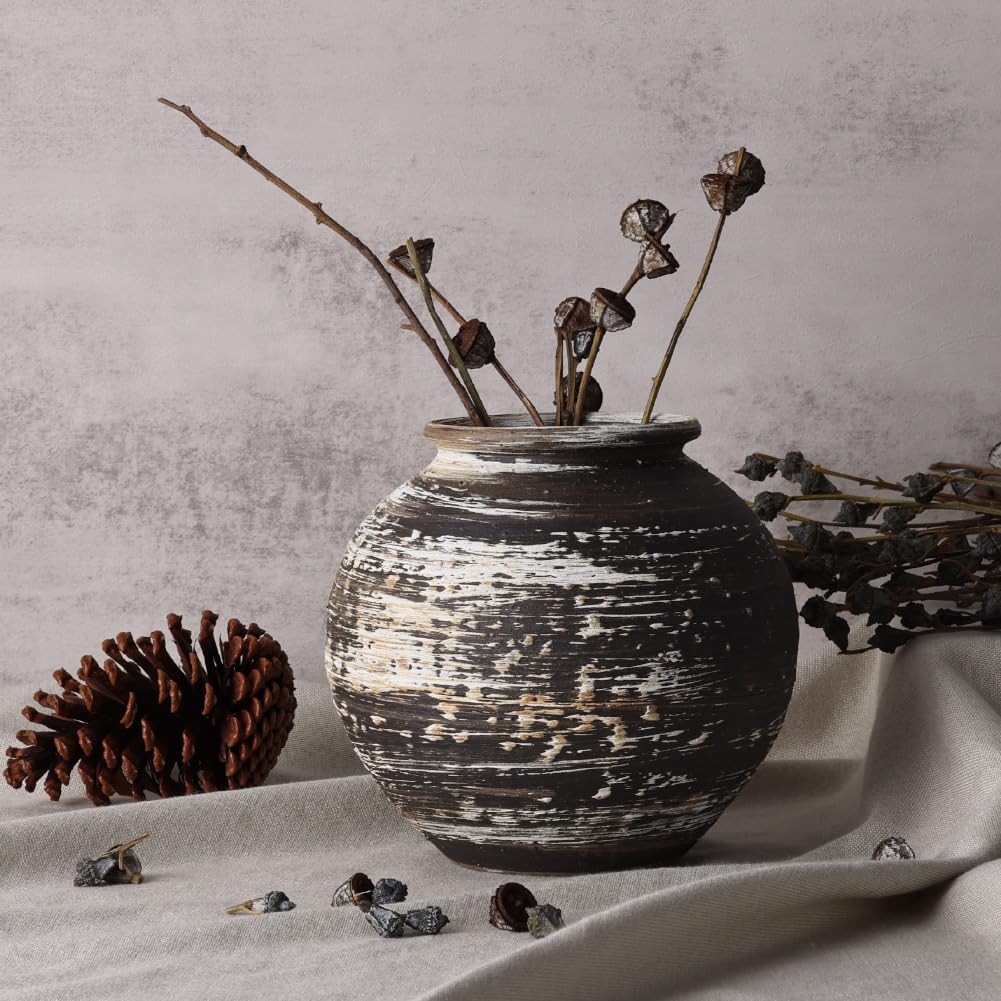Vase En Terre Cuite Rustique - 15,5cm De Haut, Finition Brun Et Blanc - Décoration Ferme, Salon, étagère - Blanc - 5