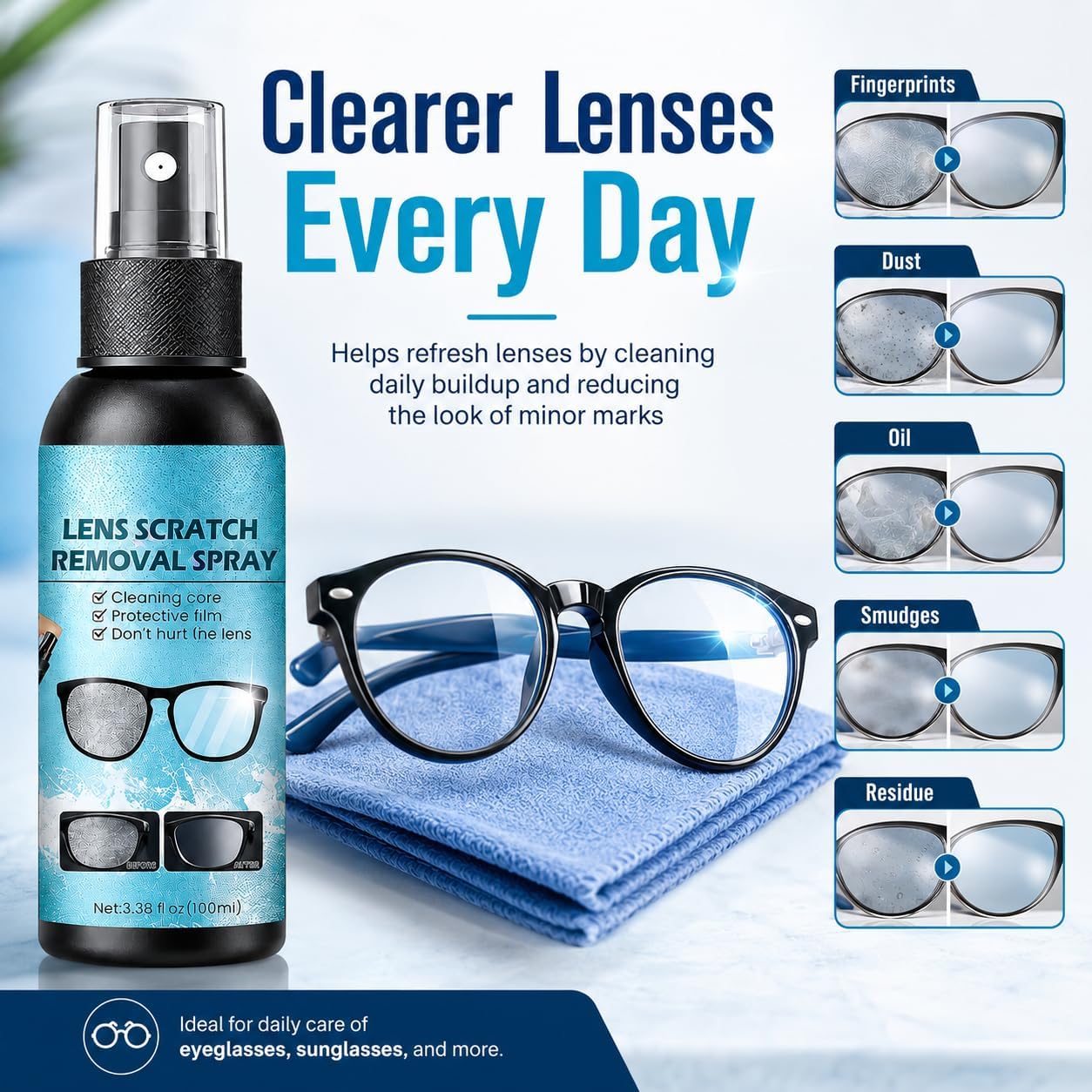 Eyeglass Scratch Remover Spray for Eyeglasses, Scratch Remover for Eyeglasses Sunglasses Reading Glasses, Eye Glass Scratch Remover, Lens Scratch Removal Cleaner Spray