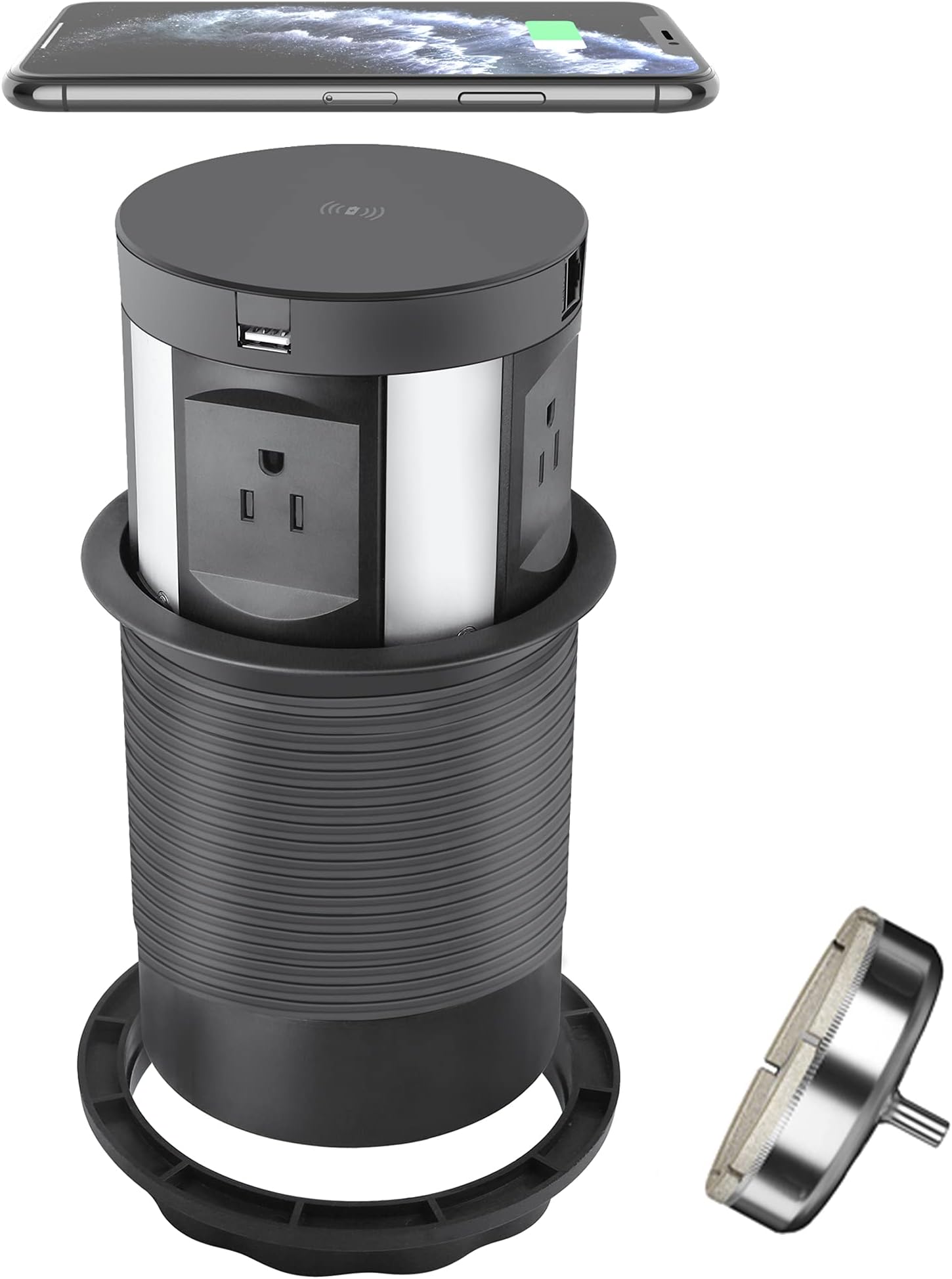 Automatic Pop up Power Outlet with Wireless Charger,Countertop Outlet Pop up for Granite,Space Saver Pop up Counter Outlet,2 USB Port,Recessed Power Socket with RJ45 Cat6 Data Port and HDMI Port