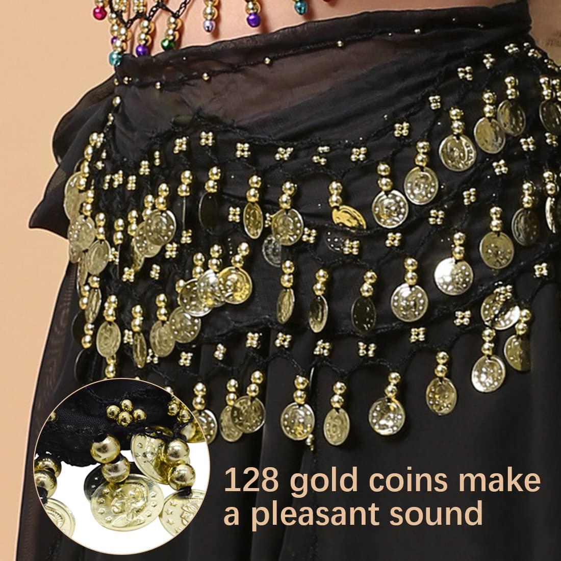Bufandas de Cadera para Danza del Vientre, Faldas con Forma de Onda para Mujeres, Cinturón con Monedas y Brazaletes