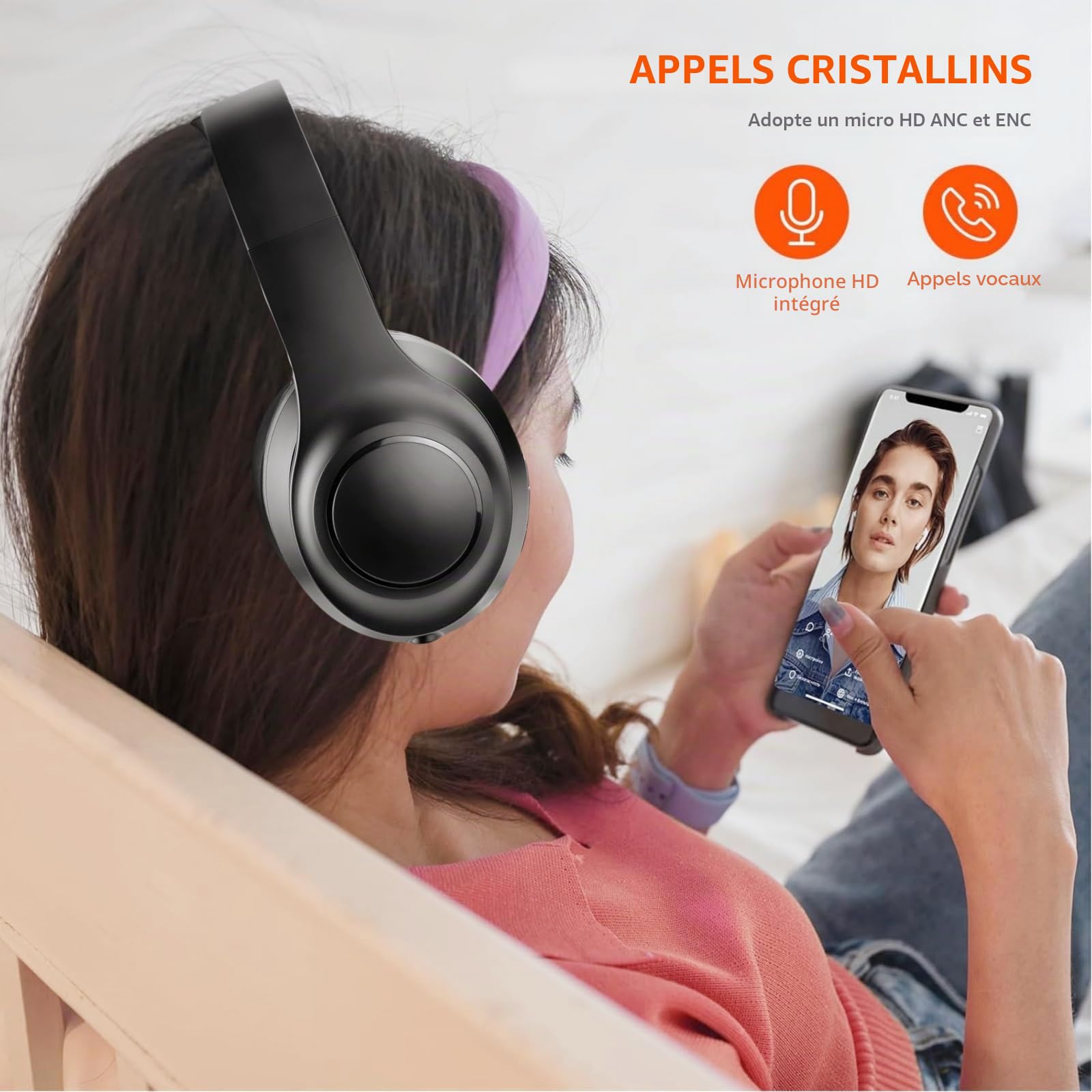 Casque TV Bluetooth Pliable avec Annulation Active du Bruit, Microphone, Audio Hi-Fi et Basses Profondes - Over-Ear Sans Fil pour Adultes et Personnes Âgées
