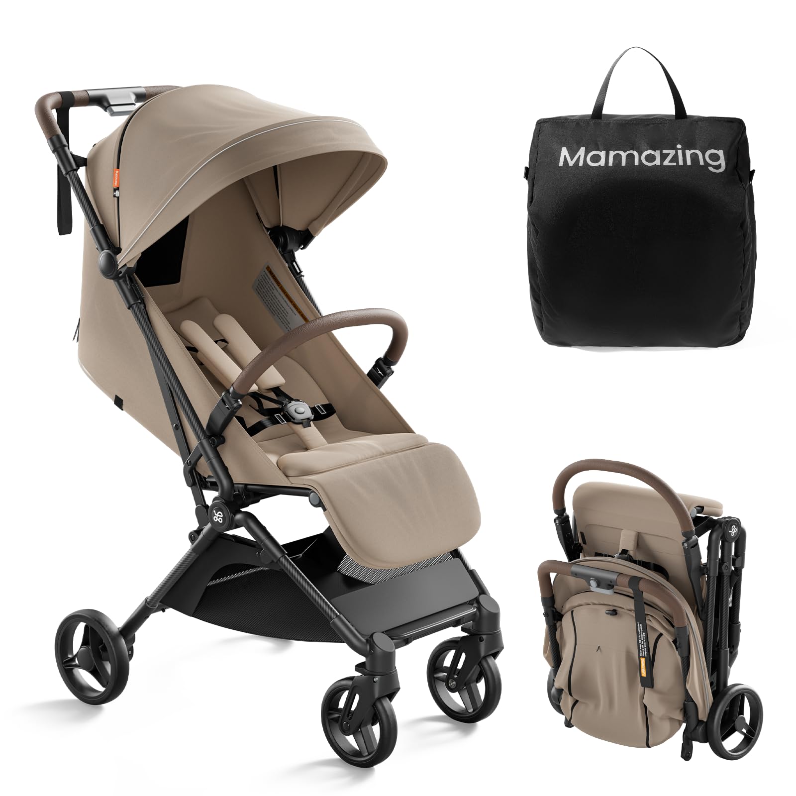 MAMAZING Ultra Air Lightweight Baby Travel Stroller with Carbon Fiber Frame, Compact & Airplane-Friendly, One-Handed Fold, 11.6 lbs, Perfect for Toddlers, Simply Taupe