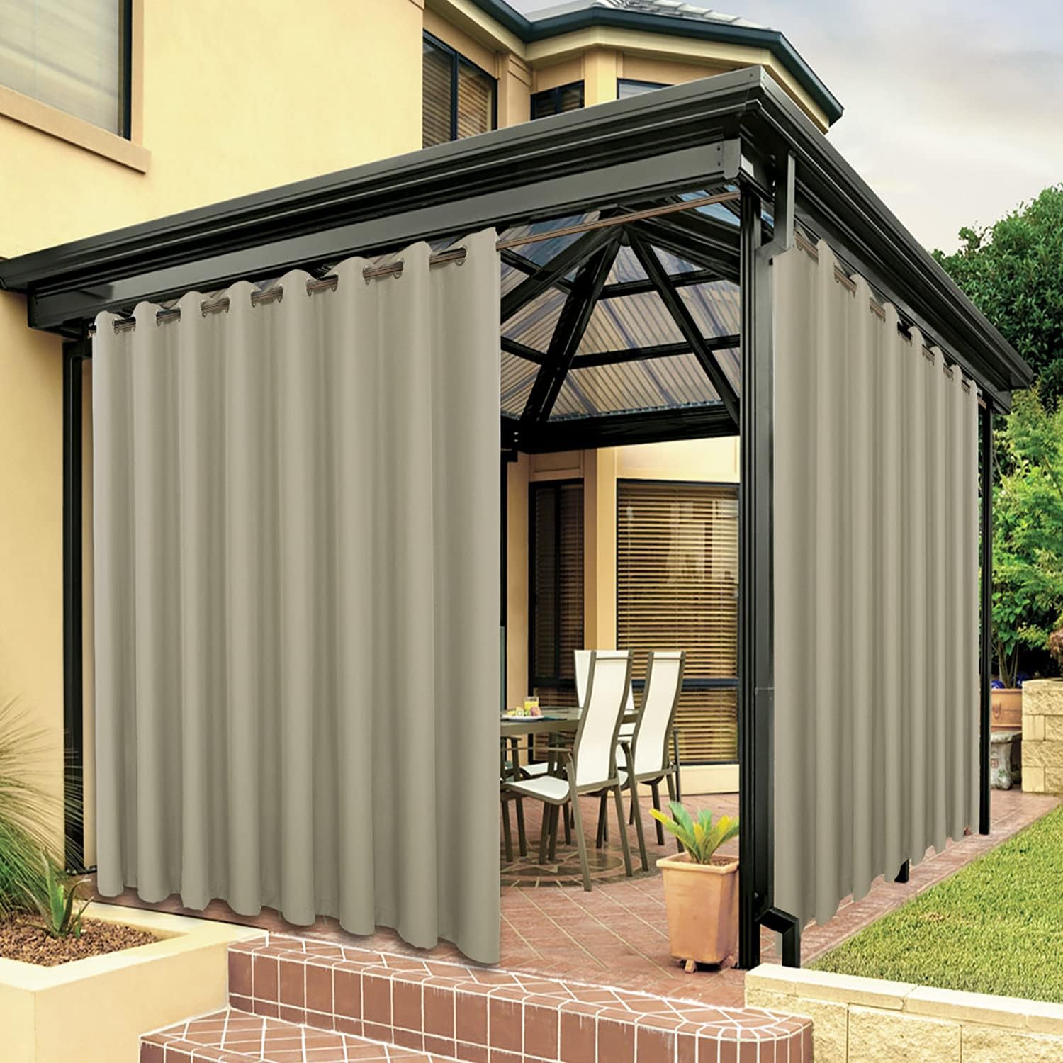 BONZER Extra Wide Waterproof Outdoor Curtains for Patio Heavy Privacy Sunlight Blocking Grommet Outside Curtains for Porch, Pergola, Gazebo, 1 Panel, 150W x 95L inch, TaupeOEKO-TEX STANDARD 100