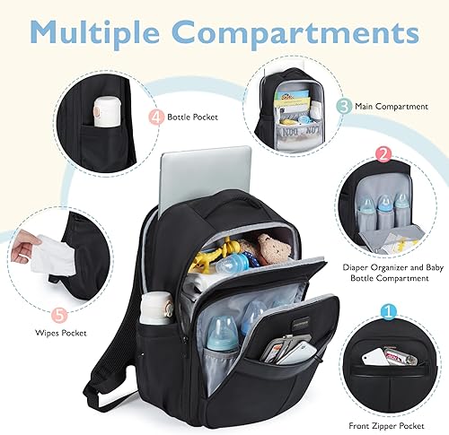 Miniatura 3 de mommore Mochila para pañales con funda para laptop de 15.6 pulgadas, bolsas para mamá con bolsillos aislados, cambiador, correas para cochecito,
