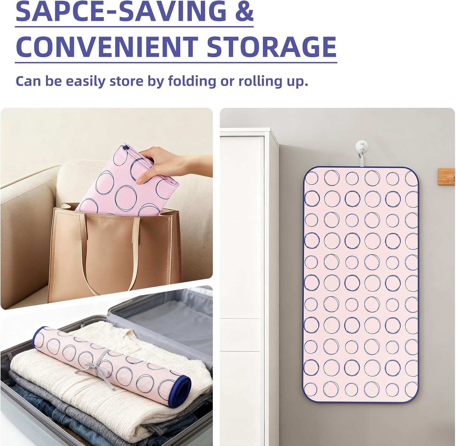 Foldable Ironing Mat, Portable Hanging Ironing Pad with Silicone Iron Rest, Heat Resistance Ironing Pad Cover for Washer, Dryer, Table Top, Countertop (Pink)