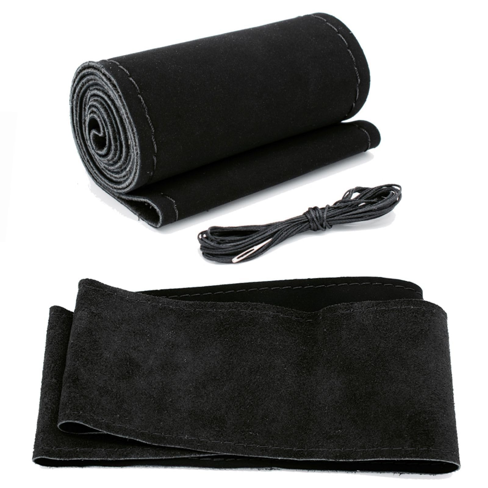 AUTOXBERT 38cm/15 Suede Leather Non-Slip Steering Wheel Cover DIY Hand Sewing Cowhide Leather Skidproof Car Protector with Needle Thread