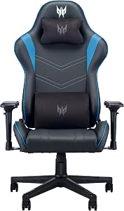 Predator Gaming Chair, Sedia Gaming, Sedia ufficio, Cuscino Lombare, Testa rimovibile, Braccioli Regolabili, Movimento Schienale max 155 gradi, Telaio in acciaio, Pelle Sintetica, Nero e Blu
