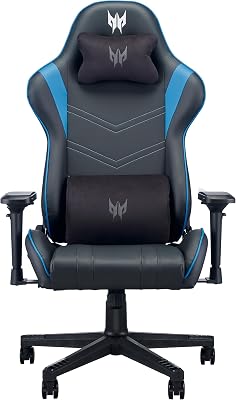 Predator Gaming Chair, Sedia Gaming, Sedia ufficio, Cuscino Lombare, Testa rimovibile, Braccioli Regolabili, Movimento Schienale max 155 gradi, Telaio in acciaio, Pelle Sintetica, Nero e Blu