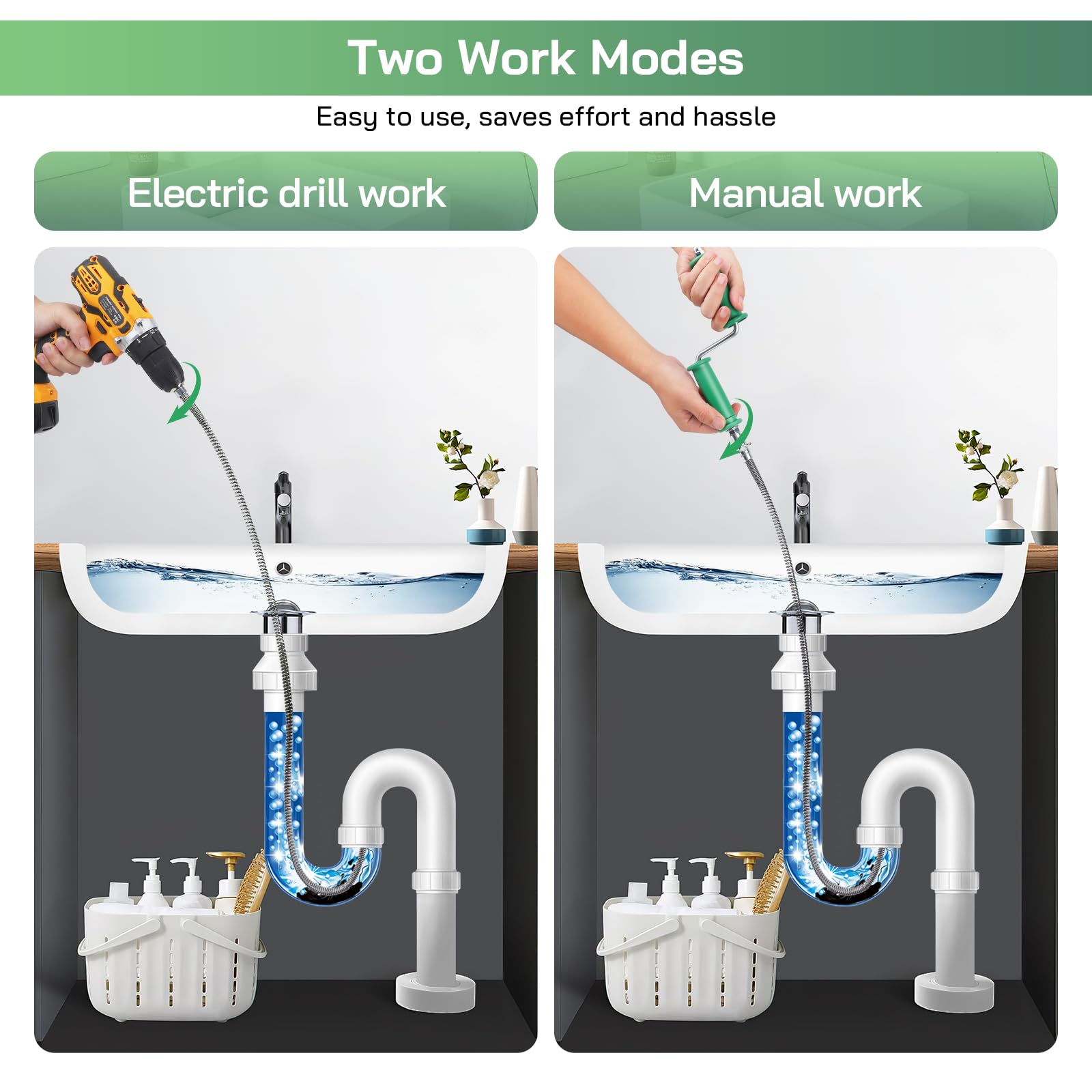 Furet Deboucheur Canalisation 10 m, ø10mm Spirale de Nettoyage de Canalisations avec Adaptateurs Électriques et Manuels Professionnel Tige de Nettoyage Tuyaux Débouchage WC Toilette Sonde Debouchage