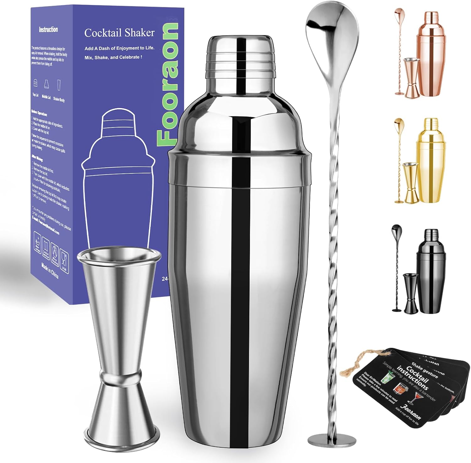 24oz Cocktail Shaker Bar Set – Drink Shaker Built-in Strainer, 2oz & 1oz Double Measuring Jigger, Mixing Spoon Set – Professional Stainless Steel Shaker Set Bartender Kit for Beginners, Silver