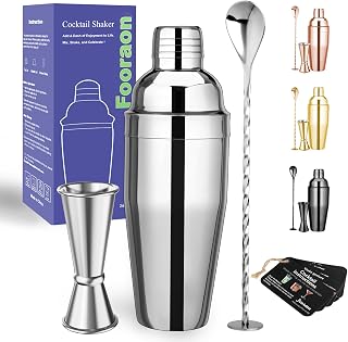 24oz Cocktail Shaker Bar Set - Drink Shaker Built-in Strainer, 2oz & 1oz Double Measuring Jigger, Mixing Spoon Set - Professional Stainless Steel Shaker Set Bartender Kit for Beginners, Silver