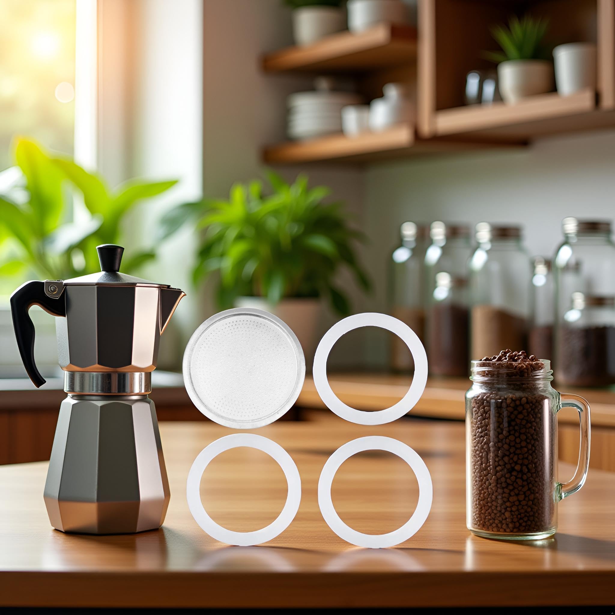3 juntas de gel de sílice de repuesto de 3 tazas y filtros de aluminio para cafetera Moka, botella de café, 3 tazas, tamaño único, suministros para el hogar de papel y plástico