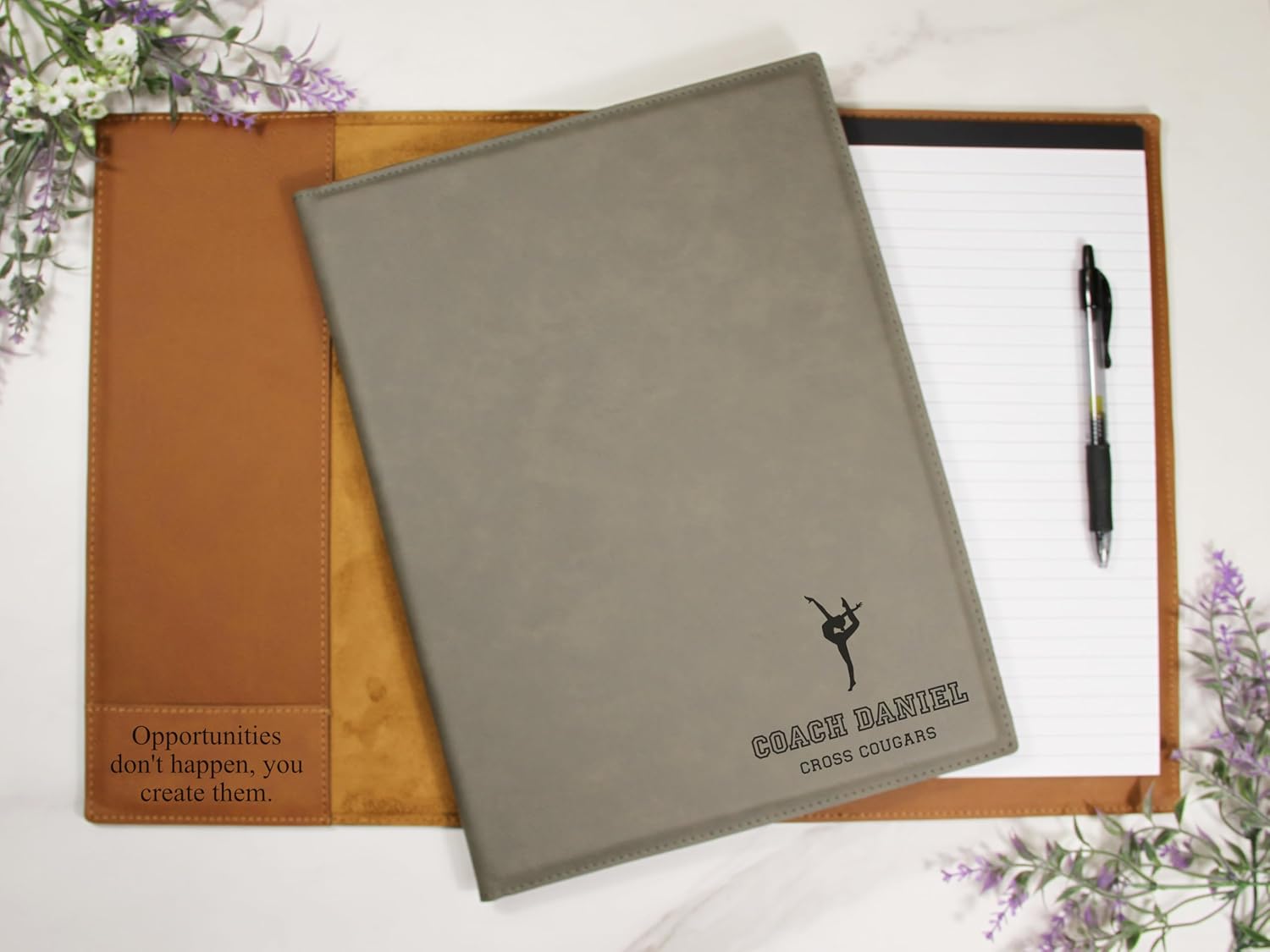 Custom Gymnastics Coach Portfolio – Personalized Engraved 9.5x12 Vegan Leather Padfolio with Legal Pad – Gift for Gymnastics Coach from Team, Player, or Parent – Bluegrass Laserworks