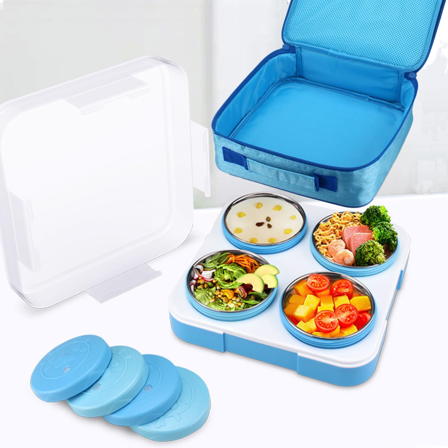 TAPITKids Lunch Box For School,Leakproof Lunch Container with Insulated Bag for School & Office 304 Stainless Steel Lunch Box Bento Box (Blue-4 * 220ml)