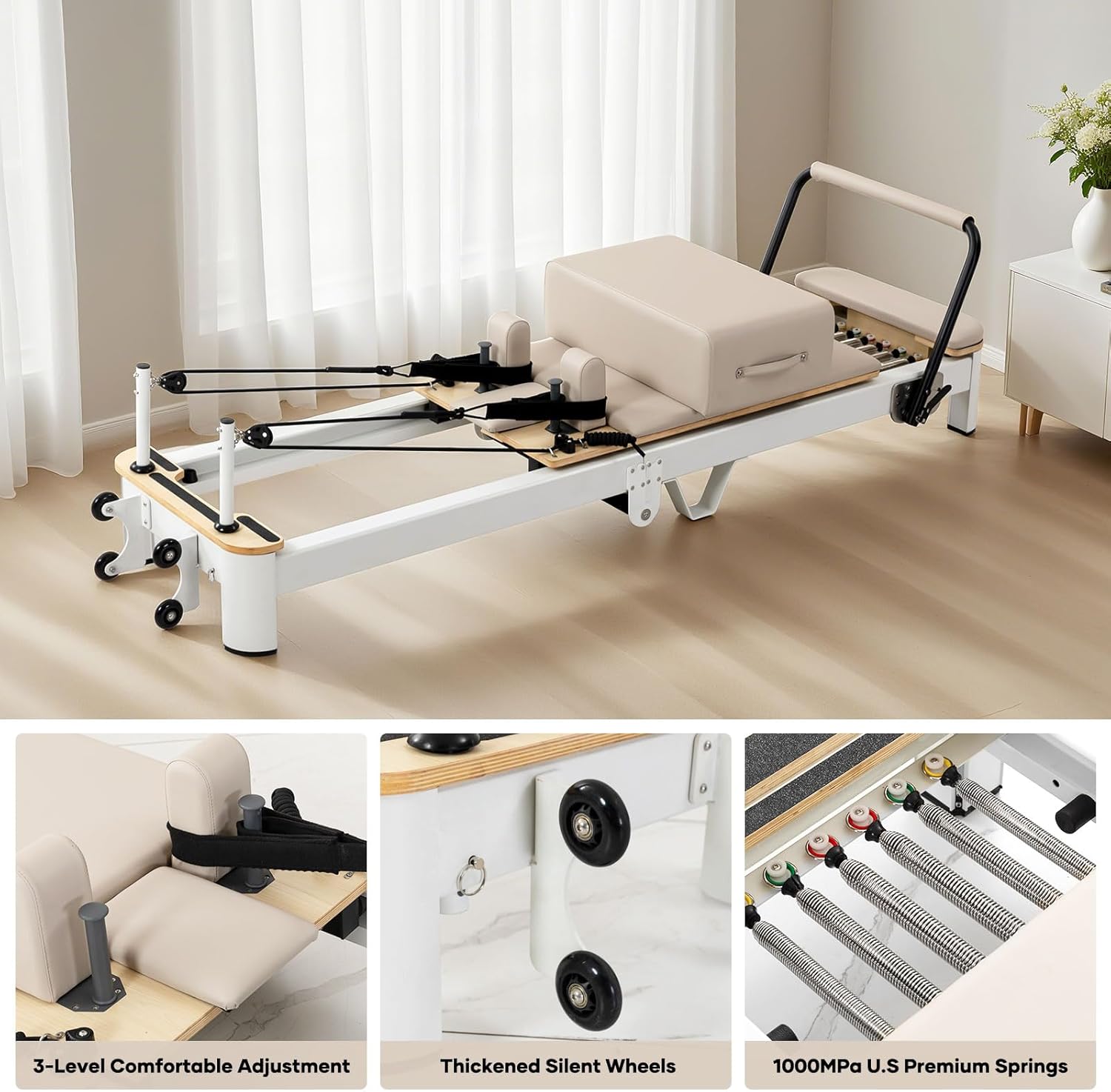Ultra3.0 Foldable Pilates Reformer Machine, Aluminum Pilates Equipment, Wooden Extended Pilates Machine with Sitting Box, Jump Board and Springs for Home and Studio