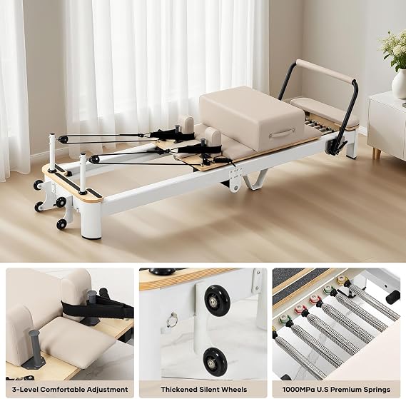 Ultra3.0 Foldable Pilates Reformer Machine, Aluminum Pilates Equipment, Wooden Extended Pilates Machine with Sitting Box, Jump Board and Springs for Home and Studio