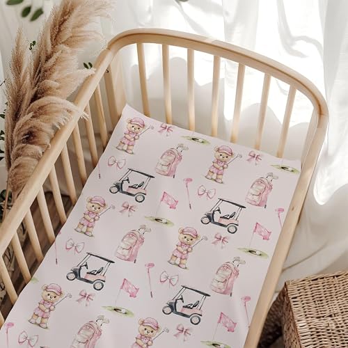 Cute Golf Bear Balls Cart Club Pink Baby Crib Sheet for Boys & Girls 52x28x9 in 