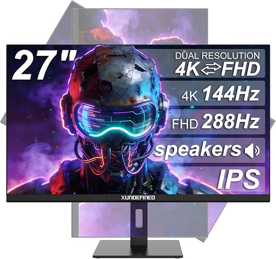 27 4K Gaming Monitor, Dual Mode UHD 144Hz & FHD 288Hz, IP/PBP Computer Screen, G-SYNC Compatible, HDR, Adjustable Tilt & Swivel & Height, Built-in Speakers, HDMI