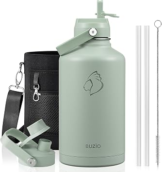 BUZIO 64 oz Insulated Stainless Steel Water Bottle with Dust-proof Lids
