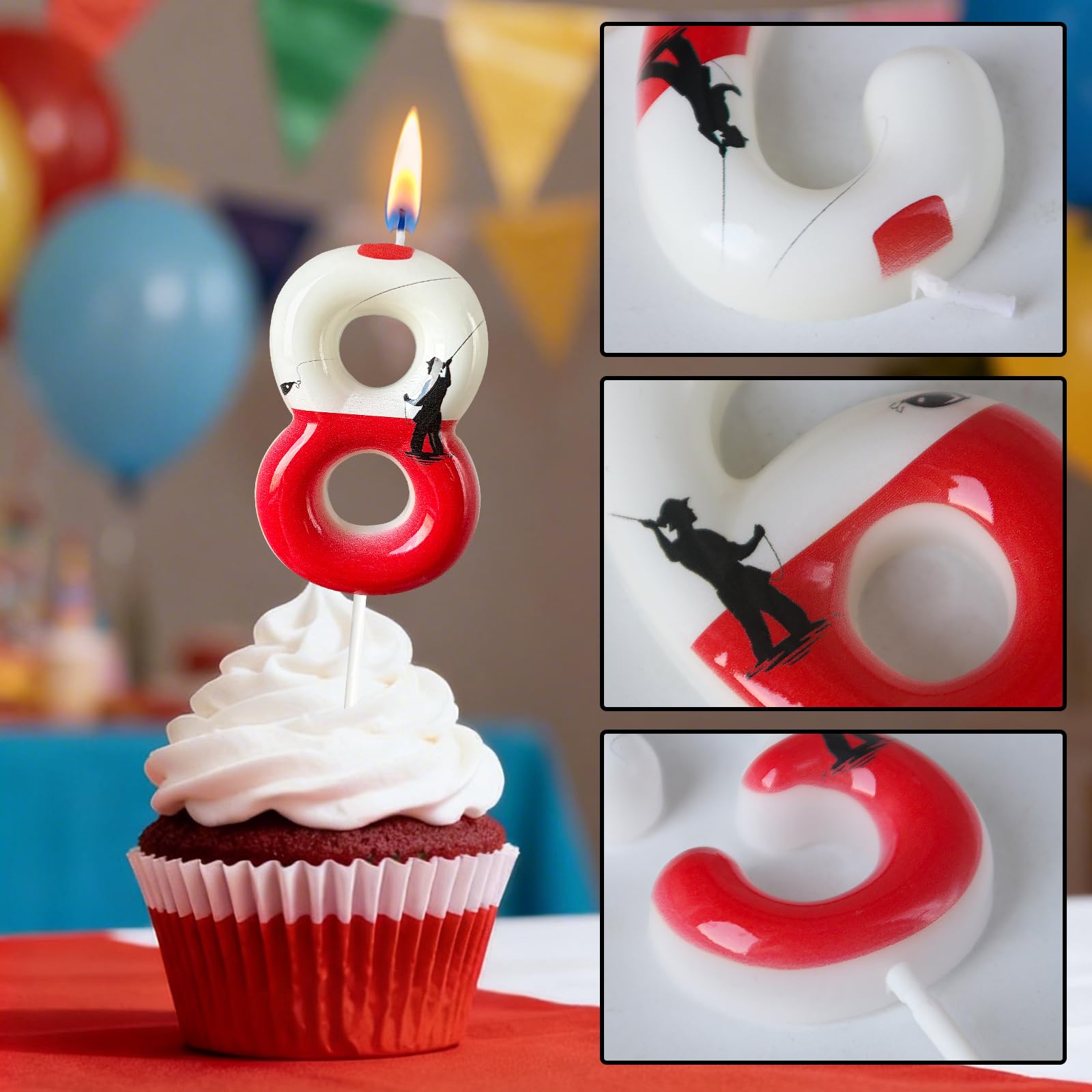 AEYSYU Fishing Birthday Candle Number 8 for Men, Red and White Bobber Cake Topper, Dad Grandpa Cake Decoration in use
