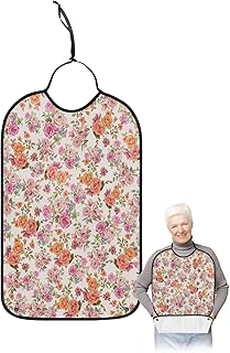 Kewadony Adult Bibs for Elderly Women - Spring Floral Waterproof Dining Clothing Protectors with Crumb Catcher for Eating/Feeding, Pink Orange Rose Leaf Flower Retro Burlap Terry Cloth Bib Washable