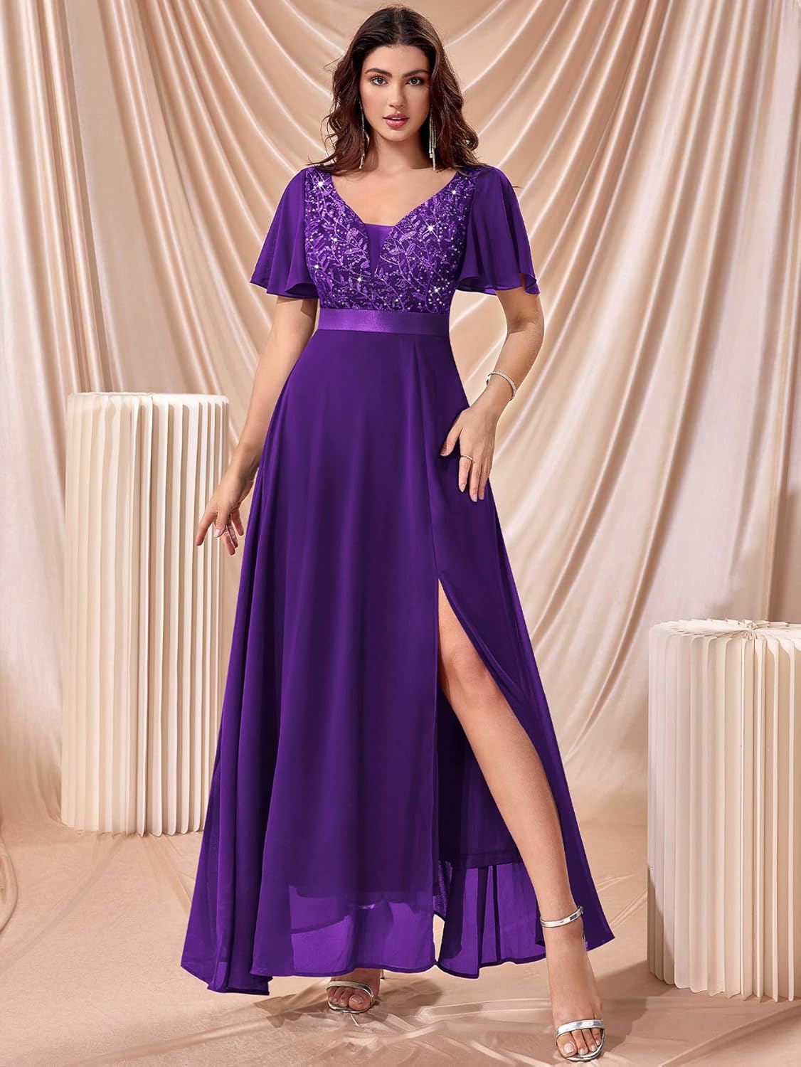 Miusol Women's V-Neck Sequin Lace Classy Ruffle Sleeve Bridesmaid Maxi Dress - Image 5