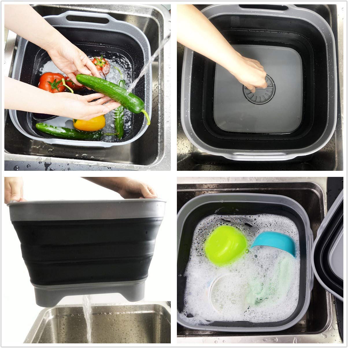 SAMMART Collapsible Dishpan Set Of 2 - 10L Foldable Washing Tub With Drain Plug, Grey/Black - View #12