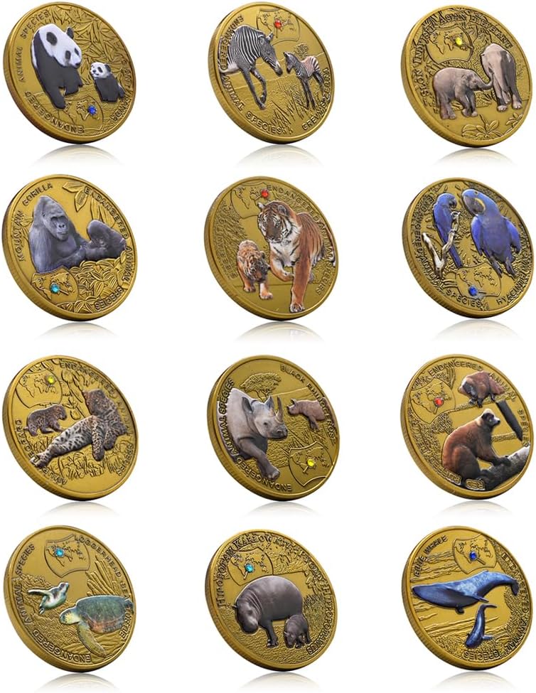 12pcs/Set African Animal Commemorative Coin Hyacinth Macaw Lemur Siberian Tiger Zambia 1000 Kwacha Metal Crystal Medals Collection Gift