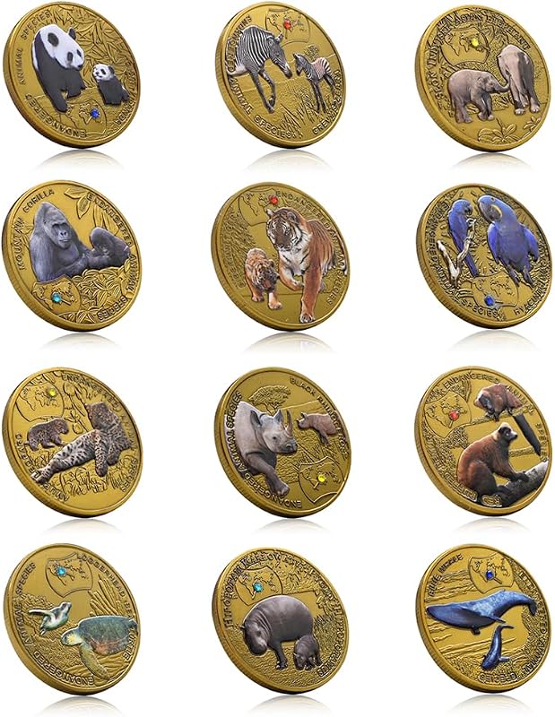 12pcs/Set African Animal Commemorative Coin Hyacinth Macaw Lemur Siberian Tiger Zambia 1000 Kwacha Metal Crystal Medals Collection Gift