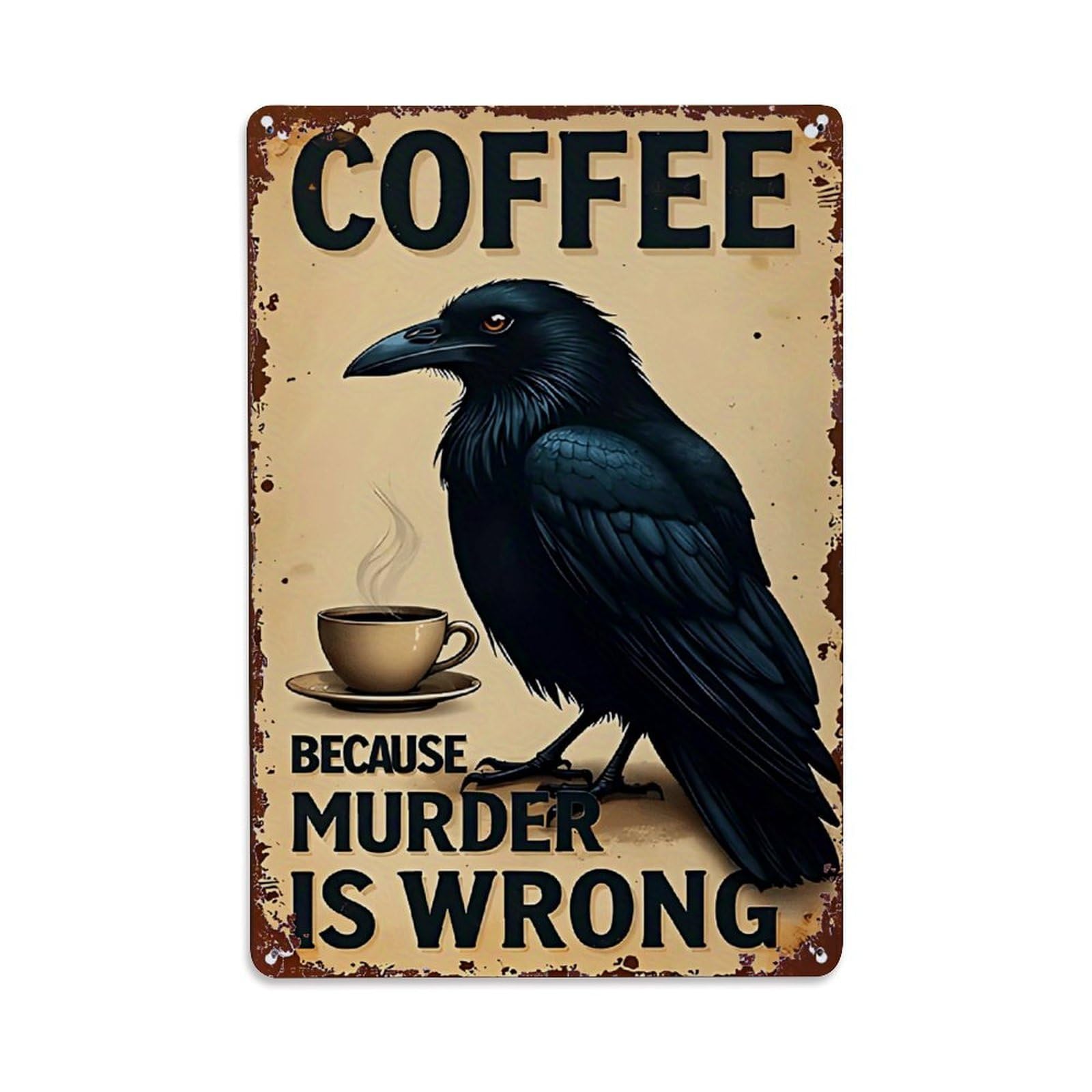 Coffee Raven Cup Steam Text Retro Metal Tin Sign, Vintage Decor Art Poster for Bar, Home, Man Cave, Kitchen, Laundry Room Gift 8x12Inch
