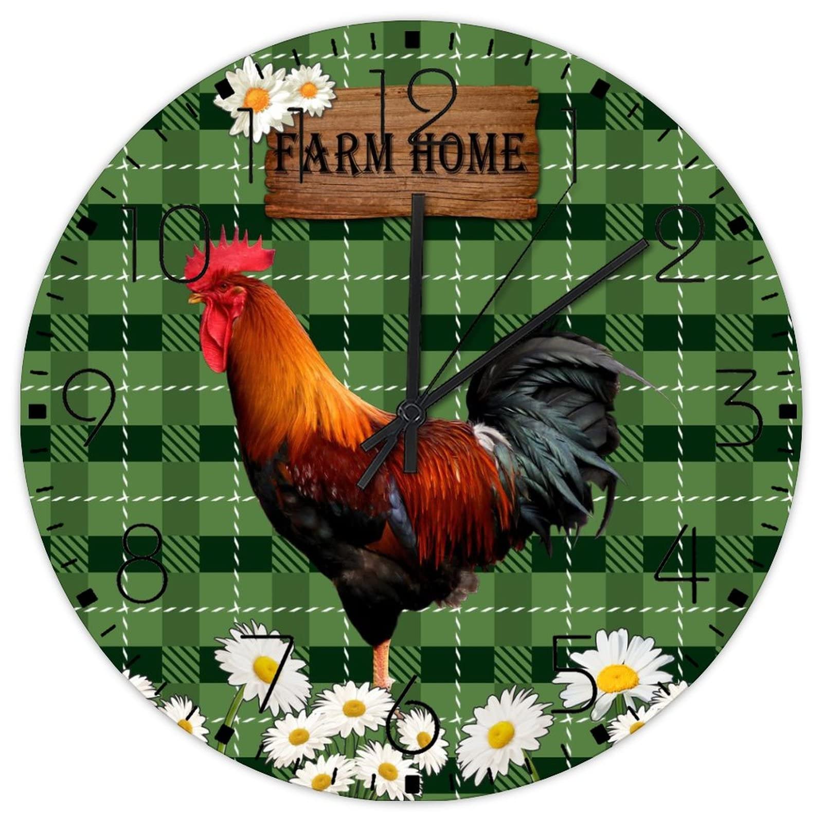Horloge murale silencieuse en bois style ferme et coq rustique de 38 cm