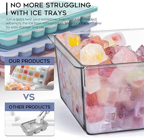 Miniatura 4 de AYOTEE - Bandeja para cubitos de hielo con tapa y contenedor, 63 rejillas de silicona para congelador con tapa y contenedor, 3 bandejas apilables