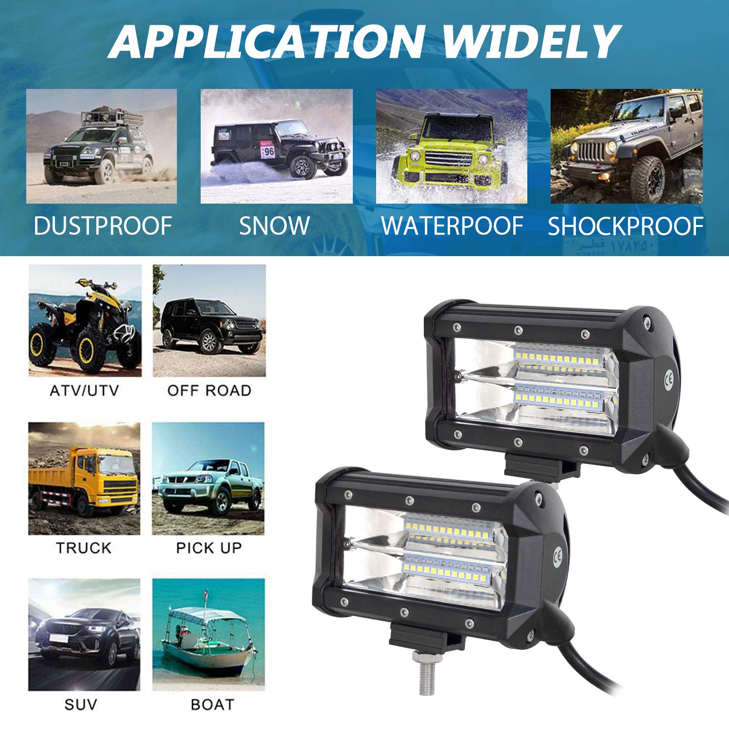 AUXTINGS 2 sztuki 12 cm 72 W potrójny rząd 7D LED oświetlenie robocze bar wiązka powodzi DC 12 V-24 V 6000K pojazdy terenowe 4x4 Atvs Utvs (5 cali trójrzędowe 2 x 72 W powódź)