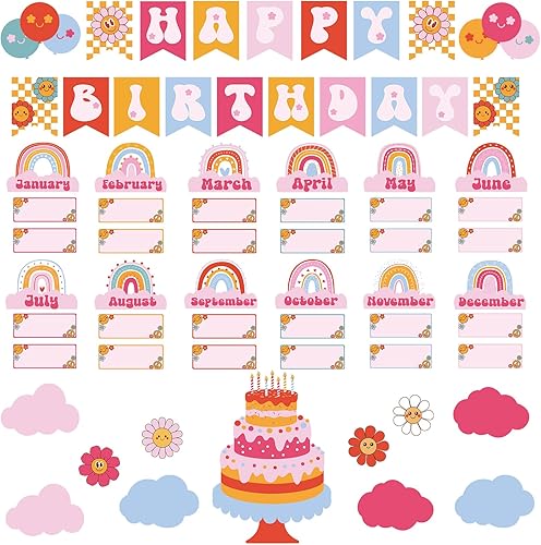 Miniatura 9 de Nezyo Juego de 80 tablones de anuncios para el aula, 80 piezas, Groovy Retro Hippie, tabla de cumpleaños para aula, recortes de pared de calendario