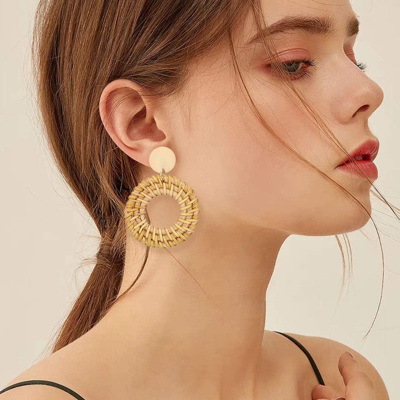 Rattan Earrings for Women Handmade Straw Wicker Braid Drop Dangle Earrings Lightweight Geometric Statement Earrings (A Round) - Image 2