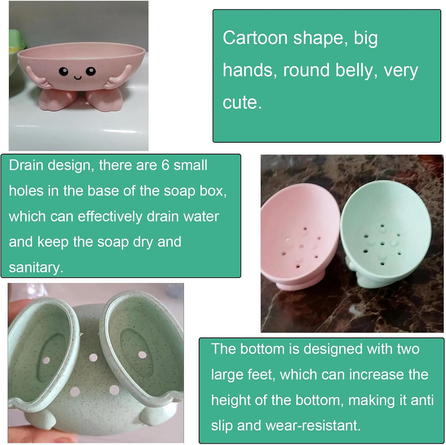 2 Pack Soap Dish Soap Bar Holder Box Storage Container Saver Draining Tray Wheat Straw Material Cartoon Panda Shape for Kids Children Shower Bathroom Kitchen Countertop (Pink + Green)