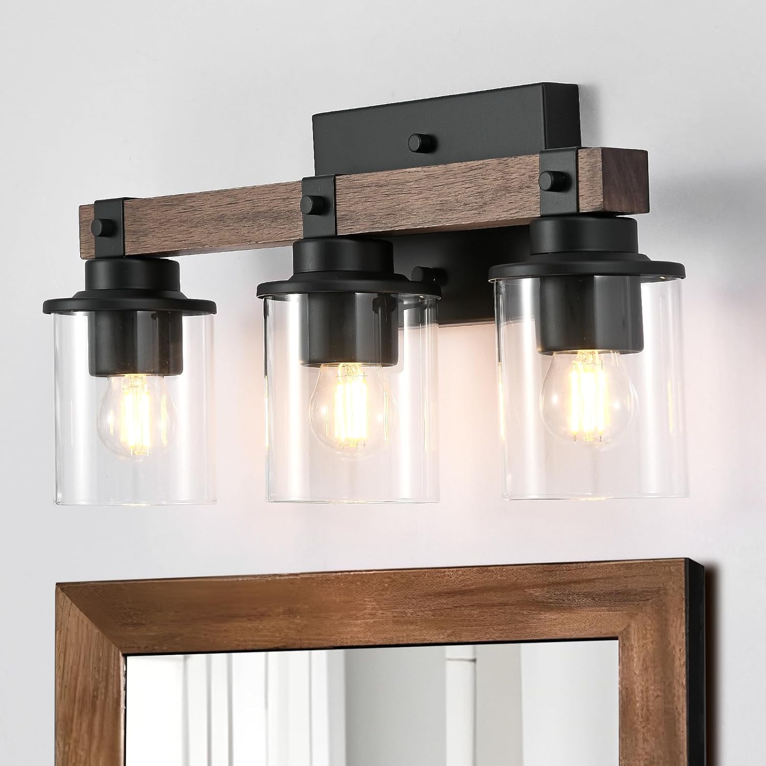 GZBtech 3-Light Wood Vanity Light Fixture Over Mirror, Farmhouse Rustic Wall Light with Clear Glass & Black Matte Metal for Bathroom Living Room, Hallway
