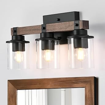 GZBtech 3-Light Wood Vanity Light Fixture Over Mirror, Farmhouse Rustic Wall Light with Clear Glass & Black Matte Metal for Bathroom Living Room, Hallway