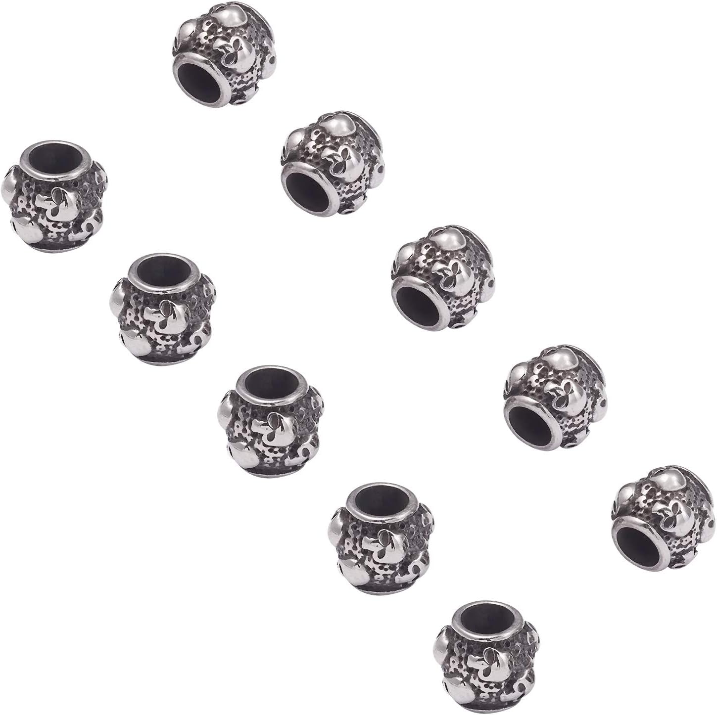 UNICRAFTALE 10pcs 9.5mm Barrel with Skull Beads Stainless Steel Beads 4.5mm Hole Skull Loose Beads Spacer Beads Antique Silver Halloween Beads for Jewelry Making DIY Bracelet Necklace