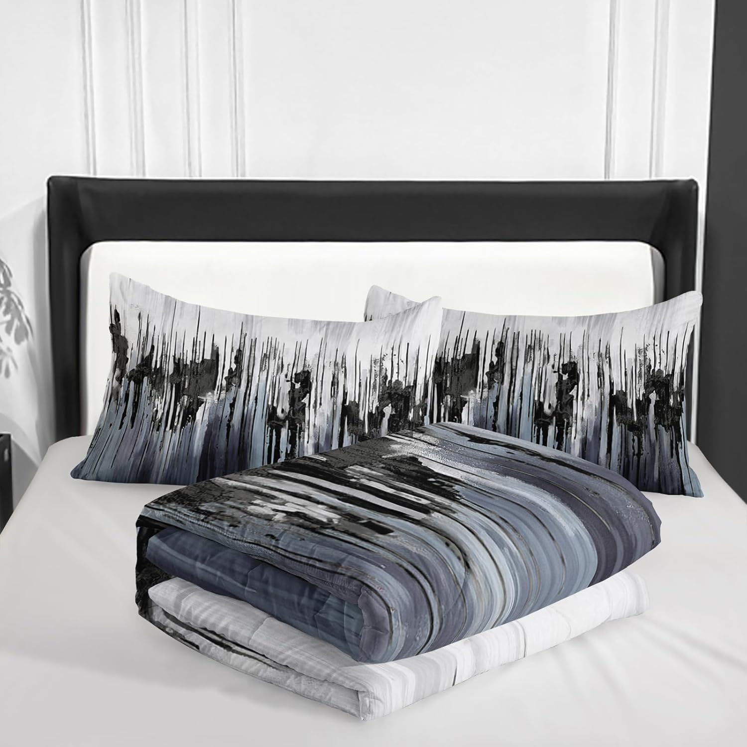 Black Grey White Gradient Print Comforter Set King Size,Abstract Art Bedding Set,Patchwork Printed Quilted Set for Teens Adult,with 1 Comforter and 2 Pillow Case - Image 4