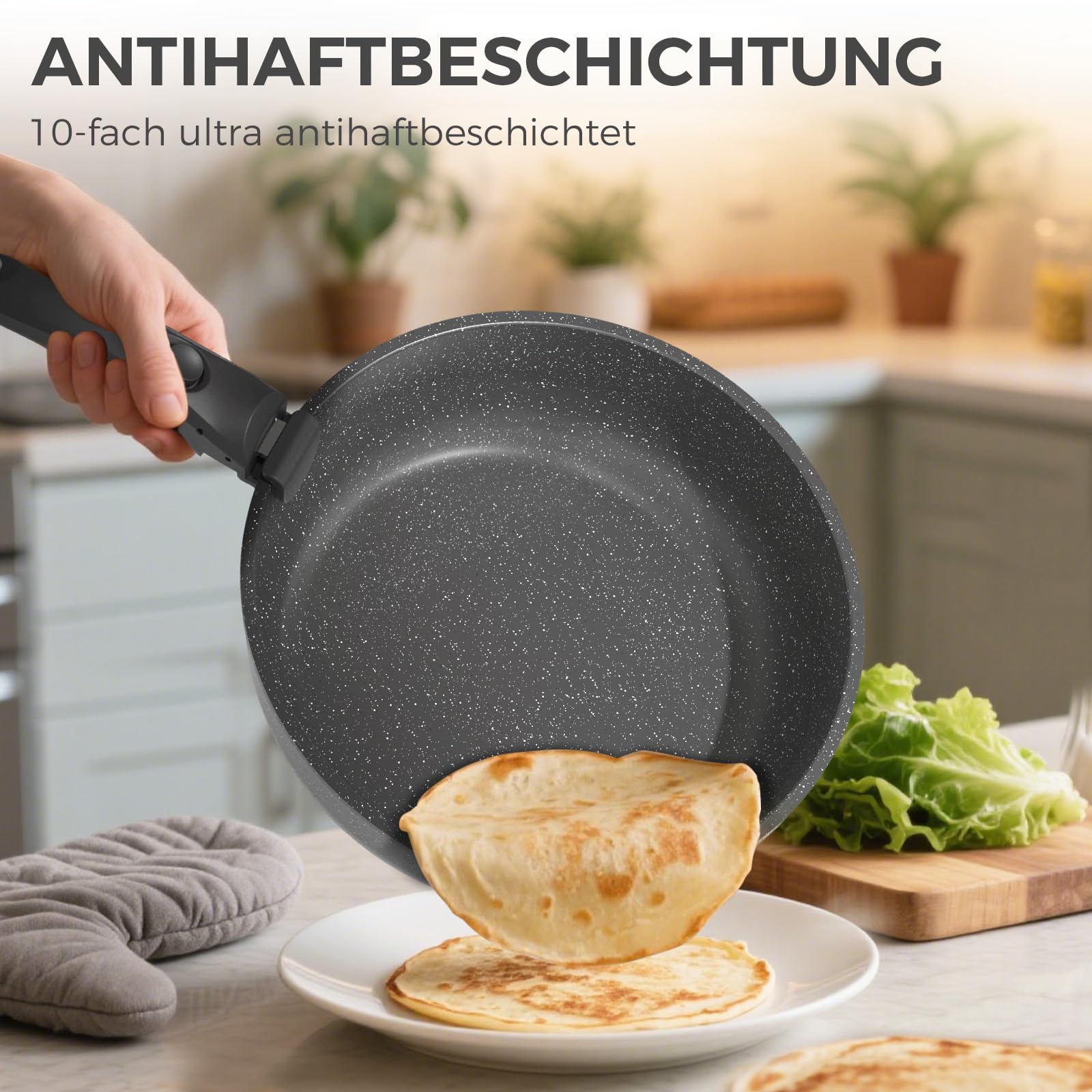 YASHE 9-teiliges Topf und Pfannenset, Antihaft-Kochgeschirr set,stapelbares TöPfe Set, Für Alle Herdarten, Abnehmbarer Griff, Ofenfest, Stapelbar Platzsparend, Schwarz, Grau