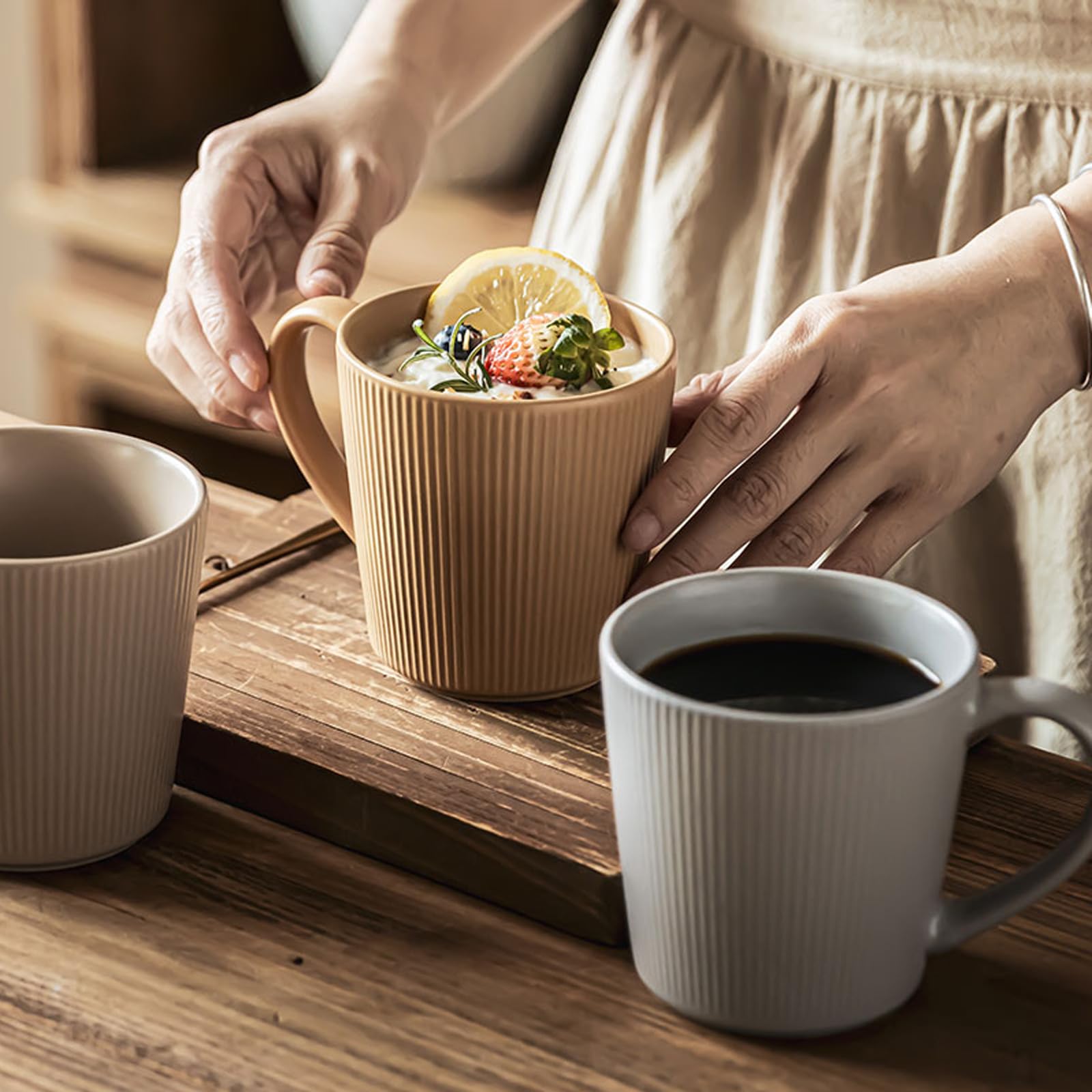 Tassen Set 6er - Kaffeebecher Groß 400ml - Tasse Matt Keramik - Kaffeetasse set mit Henkel - Coffee Mug set - Moderne Porzellan Kaffeehäferl - Mikrowellenfest-Mehrfarbig (Farbe 1)