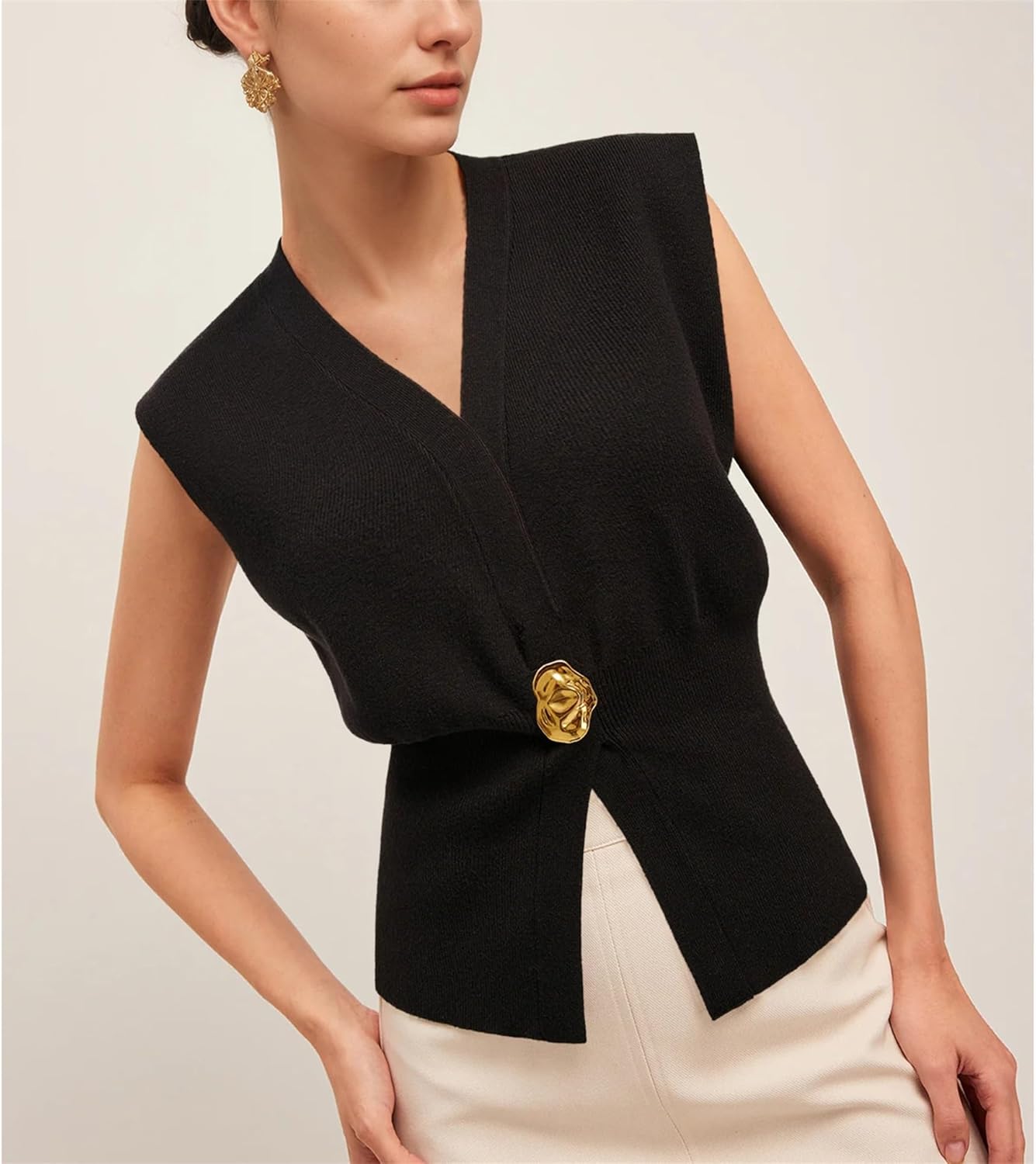 Womens Sleeveless Sweater Vest Deep V Neck Button Down Waist Cinched Knit Trendy Solid Pullover Tank Tops - Image 4